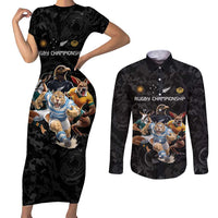 Custom Rugby Southern Hemisphere Couples Matching Short Sleeve Bodycon Dress and Long Sleeve Button Shirt Argentina AUNZ South Africa Mascot Black LT9 Black - Polynesian Pride