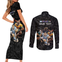 Custom Rugby Southern Hemisphere Couples Matching Short Sleeve Bodycon Dress and Long Sleeve Button Shirt Argentina AUNZ South Africa Mascot Black LT9 - Polynesian Pride