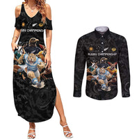 Custom Rugby Southern Hemisphere Couples Matching Summer Maxi Dress and Long Sleeve Button Shirt Argentina AUNZ South Africa Mascot Black LT9 Black - Polynesian Pride