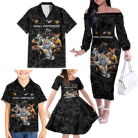 Custom Rugby Southern Hemisphere Family Matching Off The Shoulder Long Sleeve Dress and Hawaiian Shirt Argentina AUNZ South Africa Mascot Black - Polynesian Pride