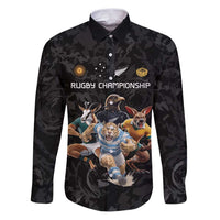 Custom Rugby Southern Hemisphere Family Matching Puletasi and Hawaiian Shirt Argentina AUNZ South Africa Mascot Black LT9 Dad's Shirt - Long Sleeve Black - Polynesian Pride