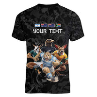 Custom Rugby Southern Hemisphere Women V-Neck T-Shirt Argentina AUNZ South Africa Mascot Black - Polynesian Pride