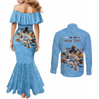 Custom Rugby Southern Hemisphere Couples Matching Mermaid Dress and Long Sleeve Button Shirt Argentina AUNZ South Africa Mascot Blue LT9 - Polynesian Pride
