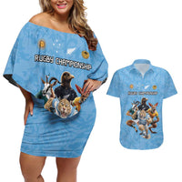 Custom Rugby Southern Hemisphere Couples Matching Off Shoulder Short Dress and Hawaiian Shirt Argentina AUNZ South Africa Mascot Blue - Polynesian Pride