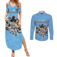 Custom Rugby Southern Hemisphere Couples Matching Summer Maxi Dress and Long Sleeve Button Shirt Argentina AUNZ South Africa Mascot Blue LT9 Blue - Polynesian Pride