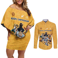Custom Rugby Southern Hemisphere Couples Matching Off Shoulder Short Dress and Long Sleeve Button Shirt Argentina AUNZ South Africa Mascot Gold LT9 Gold - Polynesian Pride