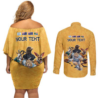 Custom Rugby Southern Hemisphere Couples Matching Off Shoulder Short Dress and Long Sleeve Button Shirt Argentina AUNZ South Africa Mascot Gold LT9 - Polynesian Pride