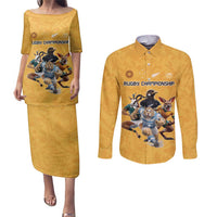 Custom Rugby Southern Hemisphere Couples Matching Puletasi and Long Sleeve Button Shirt Argentina AUNZ South Africa Mascot Gold LT9 Gold - Polynesian Pride