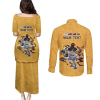 Custom Rugby Southern Hemisphere Couples Matching Puletasi and Long Sleeve Button Shirt Argentina AUNZ South Africa Mascot Gold LT9 - Polynesian Pride