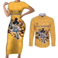 Custom Rugby Southern Hemisphere Couples Matching Short Sleeve Bodycon Dress and Long Sleeve Button Shirt Argentina AUNZ South Africa Mascot Gold LT9 Gold - Polynesian Pride