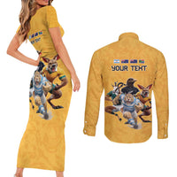 Custom Rugby Southern Hemisphere Couples Matching Short Sleeve Bodycon Dress and Long Sleeve Button Shirt Argentina AUNZ South Africa Mascot Gold LT9 - Polynesian Pride