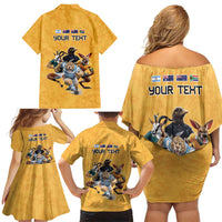 Custom Rugby Southern Hemisphere Family Matching Off Shoulder Short Dress and Hawaiian Shirt Argentina AUNZ South Africa Mascot Gold - Polynesian Pride