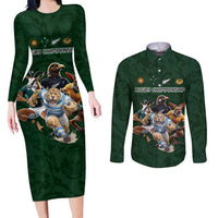 Custom Rugby Southern Hemisphere Couples Matching Long Sleeve Bodycon Dress and Long Sleeve Button Shirt Argentina AUNZ South Africa Mascot Green LT9 Green - Polynesian Pride