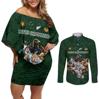 Custom Rugby Southern Hemisphere Couples Matching Off Shoulder Short Dress and Long Sleeve Button Shirt Argentina AUNZ South Africa Mascot Green LT9 Green - Polynesian Pride