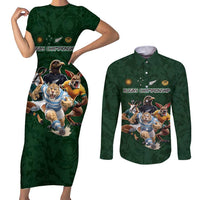 Custom Rugby Southern Hemisphere Couples Matching Short Sleeve Bodycon Dress and Long Sleeve Button Shirt Argentina AUNZ South Africa Mascot Green LT9 Green - Polynesian Pride