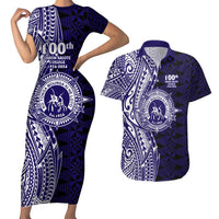 Tonga Queen Salote College 100th Years Couples Matching Short Sleeve Bodycon Dress and Hawaiian Shirt Blue Tonga Kupesi Uniquely Pacific Art - Polynesian Pride