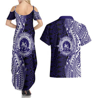 Tonga Queen Salote College 100th Years Couples Matching Summer Maxi Dress and Hawaiian Shirt Blue Tonga Kupesi Uniquely Pacific Art - Polynesian Pride