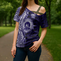 Tonga Queen Salote College 100th Years Cross Shoulder Shirt Blue Tonga Kupesi Uniquely Pacific Art - Polynesian Pride