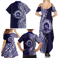 Tonga Queen Salote College 100th Years Family Matching Summer Maxi Dress and Hawaiian Shirt Blue Tonga Kupesi Uniquely Pacific Art - Polynesian Pride