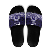 Tonga Queen Salote College 100th Years Slide Sandals Blue Tonga Kupesi Uniquely Pacific Art - Polynesian Pride