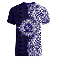 Tonga Queen Salote College 100th Years Women V-Neck T-Shirt Blue Tonga Kupesi Uniquely Pacific Art - Polynesian Pride