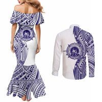 Tonga Queen Salote College 100th Years Couples Matching Mermaid Dress and Long Sleeve Button Shirt White Tonga Kupesi Uniquely Pacific Art - Polynesian Pride
