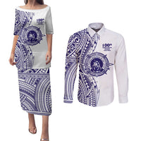 Tonga Queen Salote College 100th Years Couples Matching Puletasi and Long Sleeve Button Shirt White Tonga Kupesi Uniquely Pacific Art - Polynesian Pride