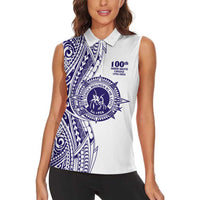Tonga Queen Salote College 100th Years Women Sleeveless Polo Shirt White Tonga Kupesi Uniquely Pacific Art - Polynesian Pride