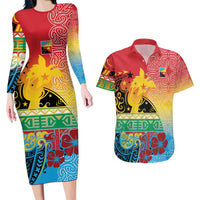 Personalised Torba PNG Day Couples Matching Long Sleeve Bodycon Dress and Hawaiian Shirt Oro Tapa Pattern - Polynesian Pride