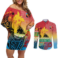 Personalised Torba PNG Day Couples Matching Off Shoulder Short Dress and Long Sleeve Button Shirt Oro Tapa Pattern - Polynesian Pride