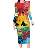 Personalised Torba PNG Day Family Matching Long Sleeve Bodycon Dress and Hawaiian Shirt Oro Tapa Pattern LT9 Mom's Dress Green - Polynesian Pride