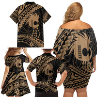 Ikaika Hawaiian Mythic Koa Tribal Warrior Family Matching Off Shoulder Short Dress and Hawaiian Shirt