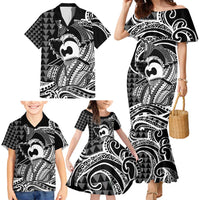 Koa Ikaika Warrior Helmet with Shark Family Matching Mermaid Dress and Hawaiian Shirt Black Kakau Style