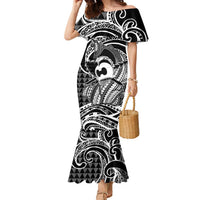 Koa Ikaika Warrior Helmet with Shark Family Matching Mermaid Dress and Hawaiian Shirt Black Kakau Style