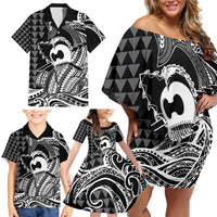 Koa Ikaika Warrior Helmet with Shark Family Matching Off Shoulder Short Dress and Hawaiian Shirt Black Kakau Style
