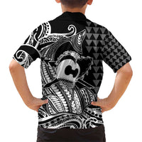 Koa Ikaika Warrior Helmet with Shark Kid Hawaiian Shirt Black Kakau Style