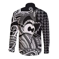 Koa Ikaika Warrior Helmet with Shark Long Sleeve Button Shirt Black Kakau Style