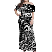 Koa Ikaika Warrior Helmet with Shark Off Shoulder Maxi Dress Black Kakau Style