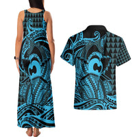 Koa Ikaika Warrior Helmet with Shark Couples Matching Tank Maxi Dress and Hawaiian Shirt Blue Kakau Style