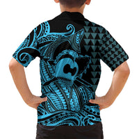 Koa Ikaika Warrior Helmet with Shark Family Matching Tank Maxi Dress and Hawaiian Shirt Blue Kakau Style