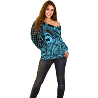 Koa Ikaika Warrior Helmet with Shark Off Shoulder Sweater Blue Kakau Style