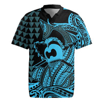 Koa Ikaika Warrior Helmet with Shark Rugby Jersey Blue Kakau Style