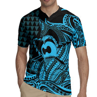 Koa Ikaika Warrior Helmet with Shark Rugby Jersey Blue Kakau Style