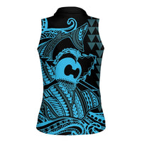 Koa Ikaika Warrior Helmet with Shark Women Sleeveless Polo Shirt Blue Kakau Style LT9 - Polynesian Pride