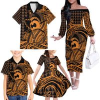 Koa Ikaika Warrior Helmet with Shark Family Matching Off The Shoulder Long Sleeve Dress and Hawaiian Shirt Gold Kakau Style LT9 - Polynesian Pride