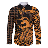 Koa Ikaika Warrior Helmet with Shark Family Matching Off Shoulder Maxi Dress and Hawaiian Shirt Gold Kakau Style