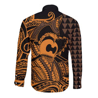 Koa Ikaika Warrior Helmet with Shark Long Sleeve Button Shirt Gold Kakau Style