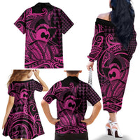 Koa Ikaika Warrior Helmet with Shark Family Matching Off The Shoulder Long Sleeve Dress and Hawaiian Shirt Pink Kakau Style LT9 - Polynesian Pride