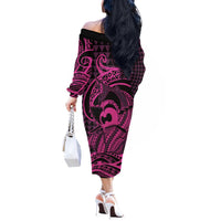 Koa Ikaika Warrior Helmet with Shark Off The Shoulder Long Sleeve Dress Pink Kakau Style