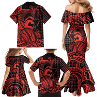 Koa Ikaika Warrior Helmet with Shark Family Matching Mermaid Dress and Hawaiian Shirt Red Kakau Style